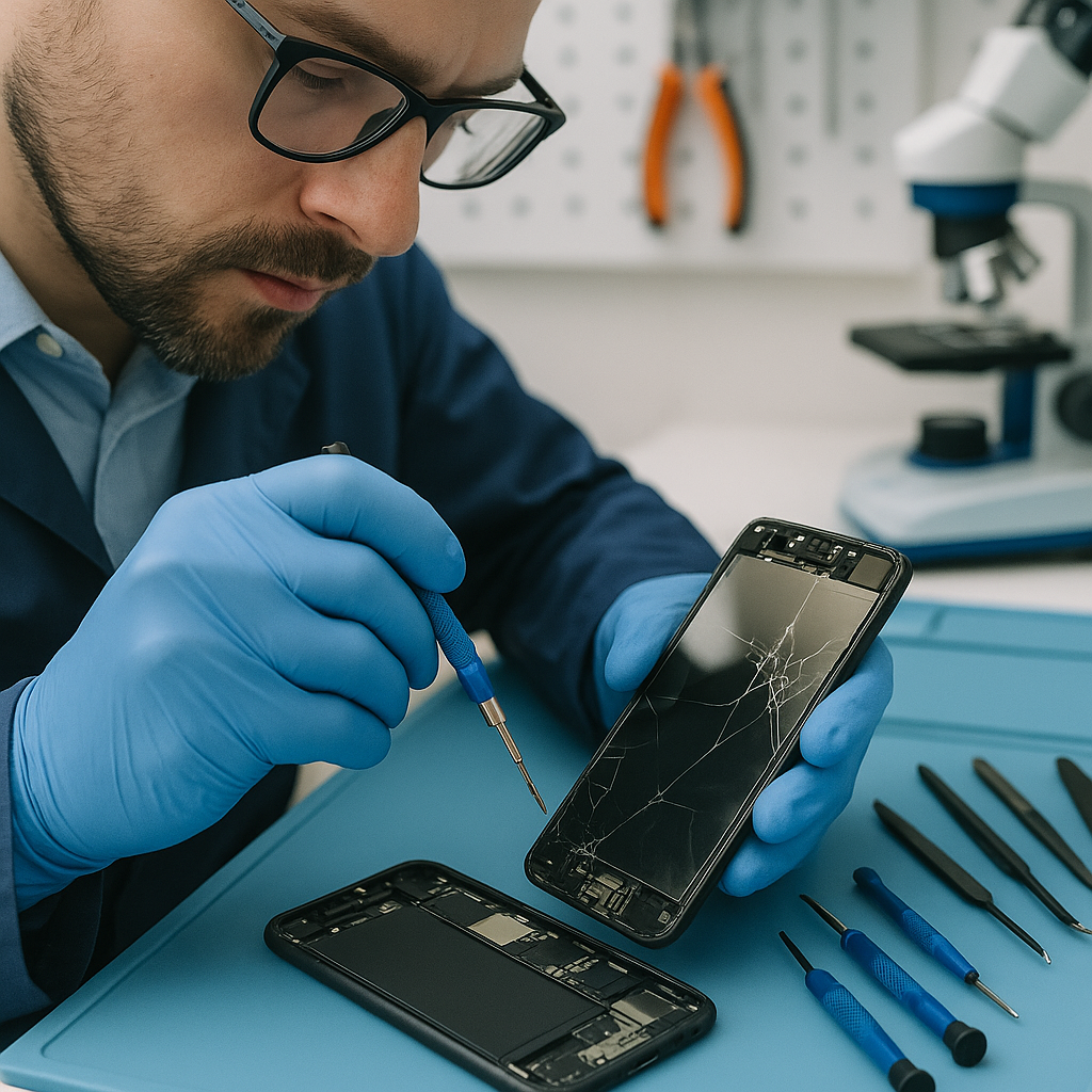 Technician performing ghost touch phone repair NJ on smartphone screen